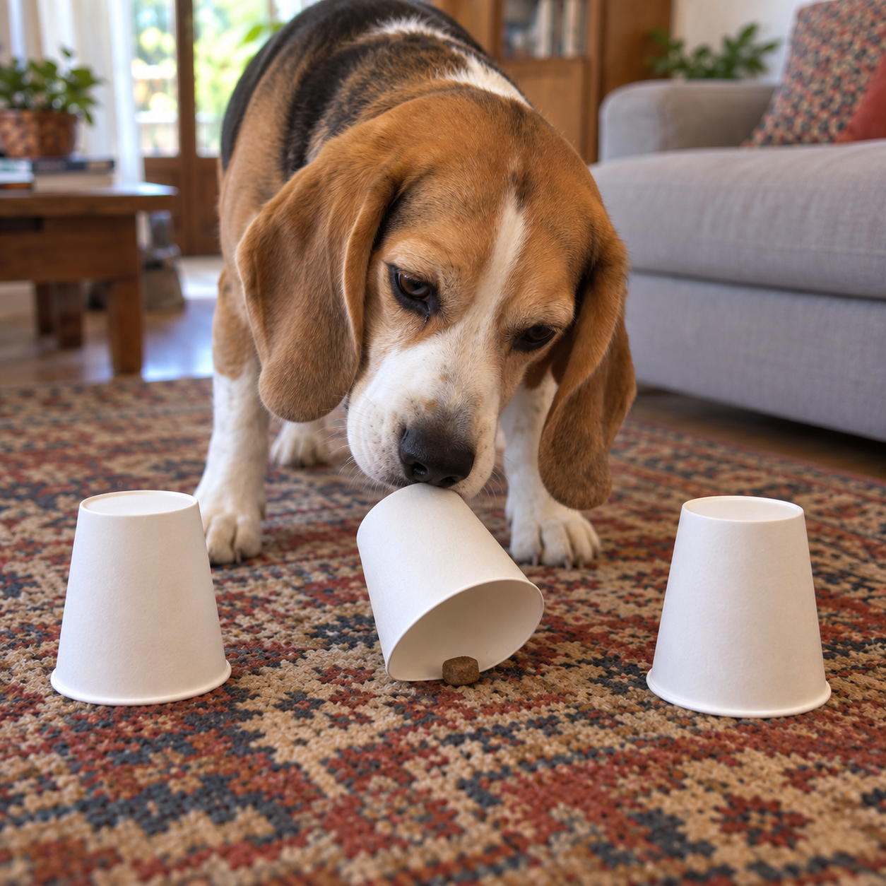 Beagle in salotto che trova il premio sotto uno dei tre bicchieri, esempio di gioco mentale