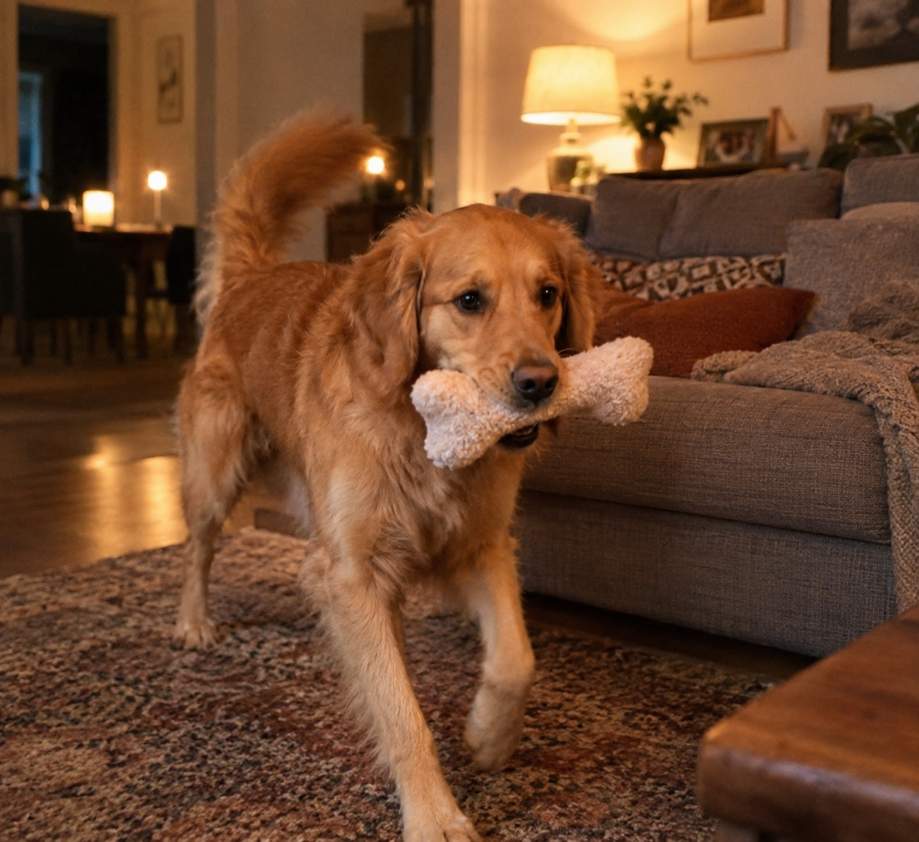Golden Retriever in salotto con il giocattolo in bocca, pronto a giocare
