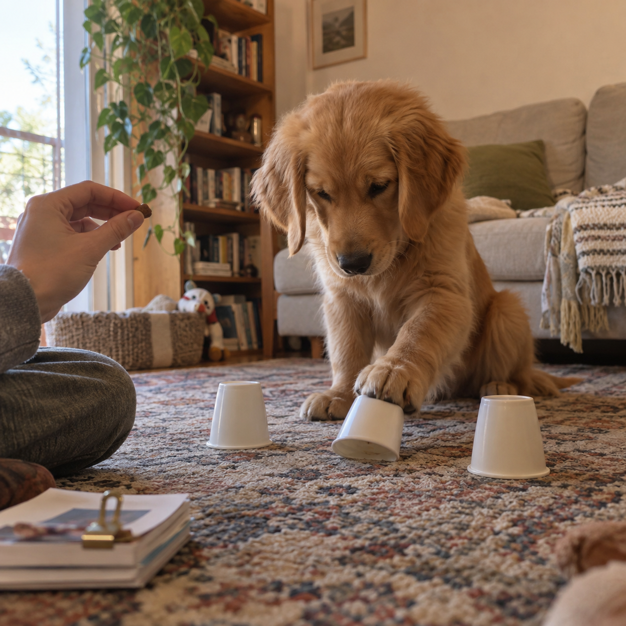 Cucciolo di Golden Retriever che gioca con tre bicchieri in casa